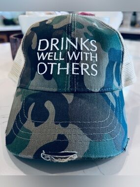 Distressed Camouflage Baseball Hat "Drinks Well With Others"